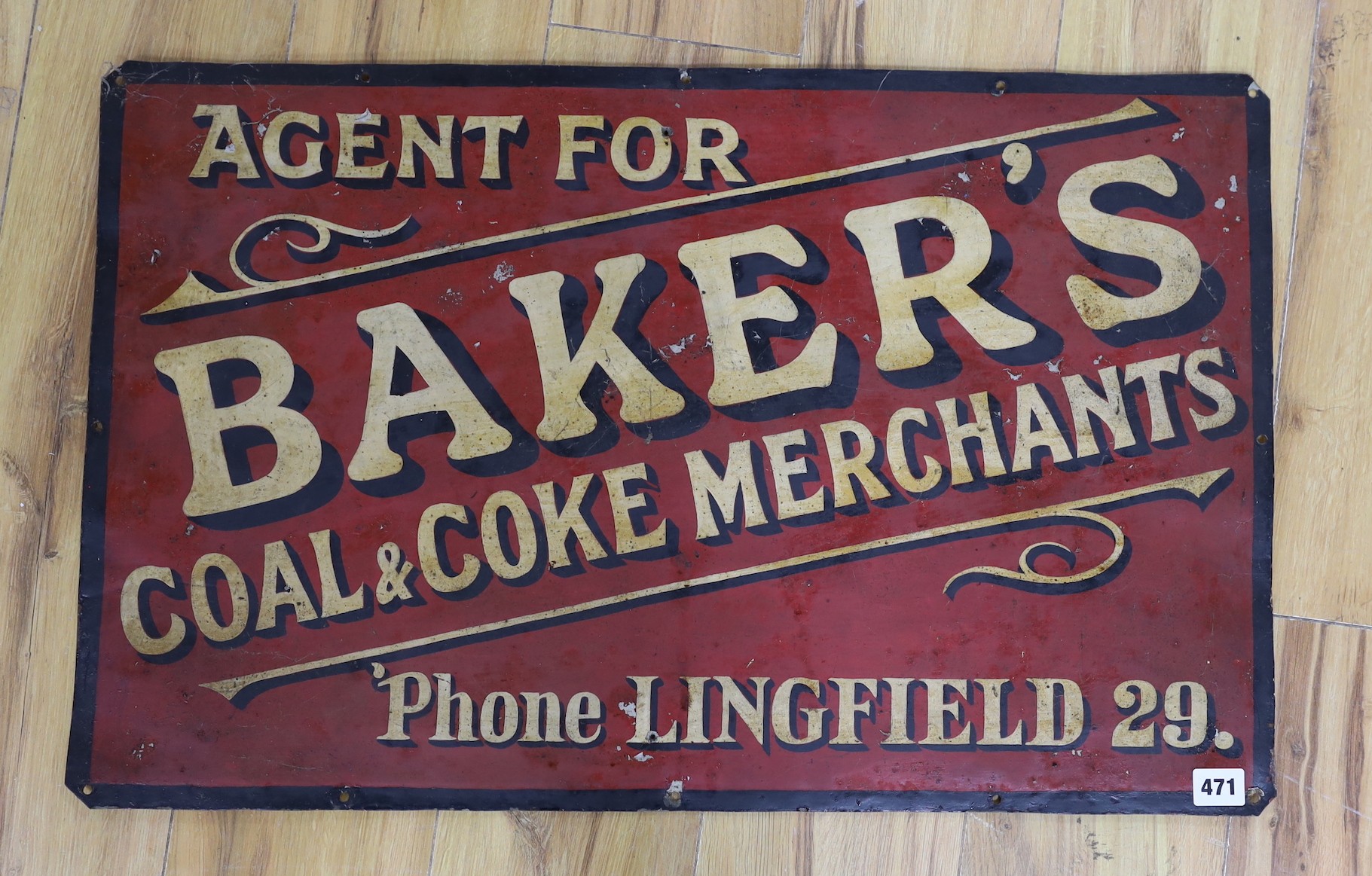 'Agent For Baker’s Coal and Coke Merchants, Lingfield’ – an original painted enamel sign, 73cms wide x 46cms high